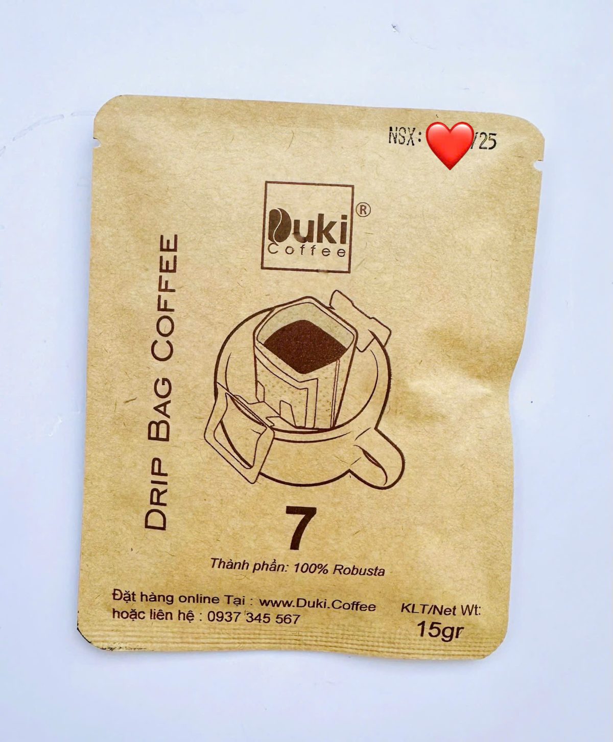 Gói Cafe Drip số 7 Duki 15Gr 100% Robusta (cà phê túi lọc)